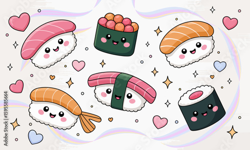 Adorable cartoon sushi characters with smiling faces, surrounded by hearts and sparkles, offering a cute food illustration.