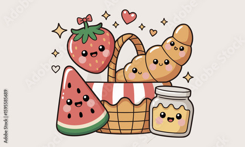 Charming cartoon illustration of a picnic basket filled with smiling, cute food items.