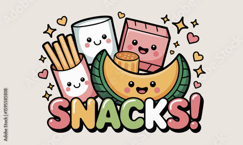 Colorful cartoon snacks illustration with smiling characters.
