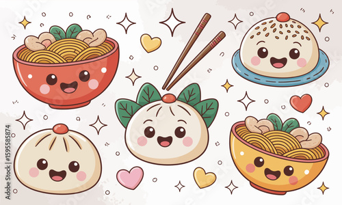 Adorable cartoon illustrations of various Asian food dishes with happy faces and chopsticks.