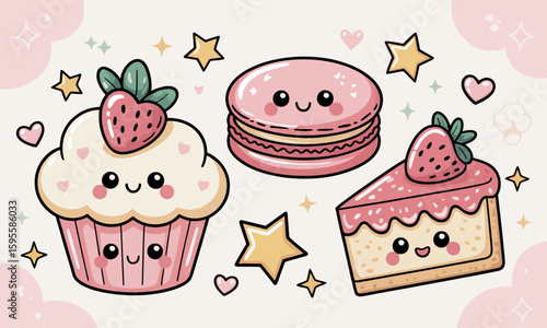 Cute cartoon illustration featuring a cupcake, macaron, and slice of cake, all with smiling faces, surrounded by stars and hearts on a pink background.