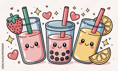 Three cute cartoon boba tea drinks with smiling faces, straws, and hearts, including strawberry, classic, and lemon flavors.