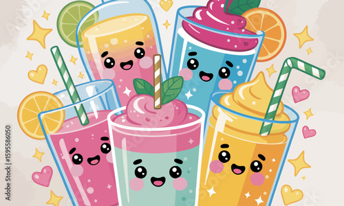 Cute cartoon drinks with happy faces, surrounded by fruit and decorations.