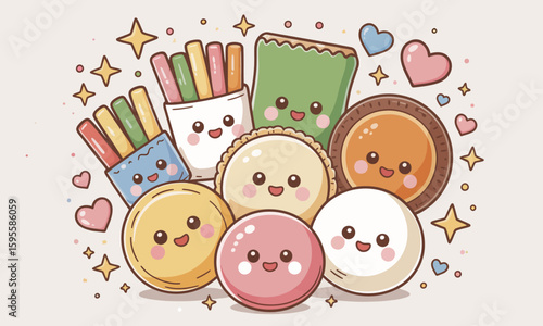 Adorable cartoon sweets and snacks, smiling faces, hearts, stars.