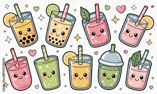 Adorable cartoon illustrations of various colorful bubble tea beverages with smiling faces, straws, and fruit garnishes.