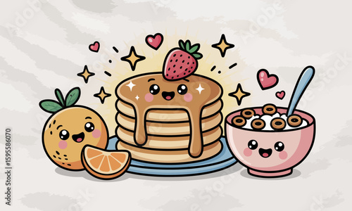 Adorable cartoon breakfast featuring happy pancakes, cereal, and orange.