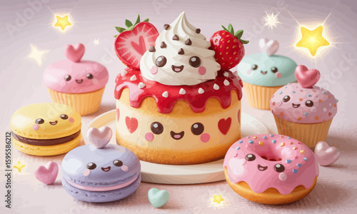 Adorable kawaii cake and pastries with happy faces, surrounded by hearts and sparkles.