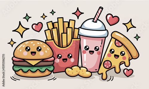 Cute cartoon illustration of fast food items including a burger, fries, milkshake, pizza slice, and nuggets with hearts and stars.
