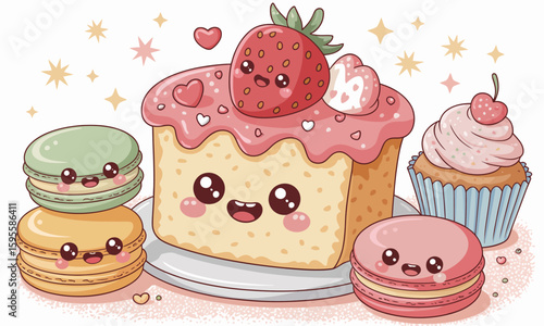Kawaii-style dessert scene featuring a cake slice topped with strawberry, cupcake, and macarons, all with cute, smiling faces and heart decorations.