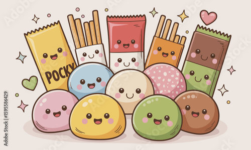 An illustration of various cute and colorful Japanese snacks, including Pocky and mochi, all with smiling faces and heart accents.
