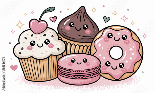 Cute cartoon cupcakes, donuts, and macarons with happy faces.