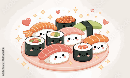 Adorable kawaii sushi assortment on a pink plate, decorated with hearts and sparkles.