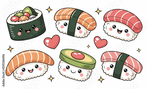 An illustration of various sushi pieces with smiling faces, including salmon nigiri, tuna nigiri, avocado nigiri, and a sushi roll, surrounded by hearts and stars.