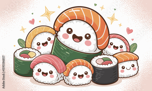 Cute cartoon sushi characters with smiling faces, including nigiri and maki rolls, arranged together against a light background with hearts and stars.