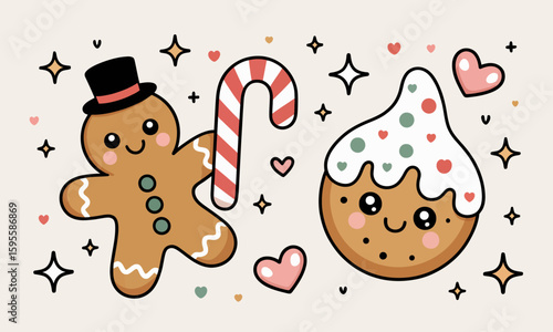 Cute gingerbread man and cookie with festive candy cane and hearts, decorated with sparkles.