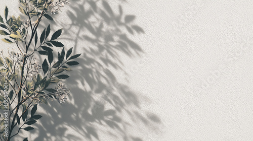 柔らかな自然光の中で壁に映る葉の影が印象的な構図。空間演出や背景素材として活用できるミニマルなビジュアル。
