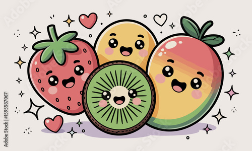Cute cartoon fruits with happy expressions, arranged in a group, surrounded by hearts and stars.