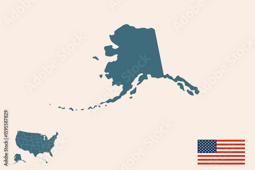 Detailed Alaska State Map with US Map Inset and American Flag, vector origin and scalable