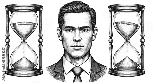 Biohacking businessman portrait between two hourglasses – symbolizing time management and longevity, vintage black and white sketch vector illustration

