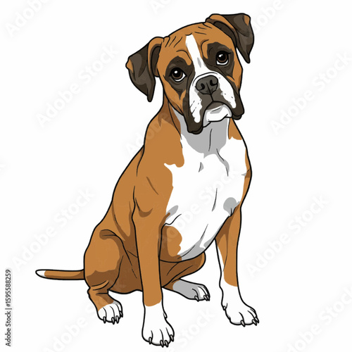 Boxer dog sitting – brown and white short-haired breed with muscular build and alert expression

