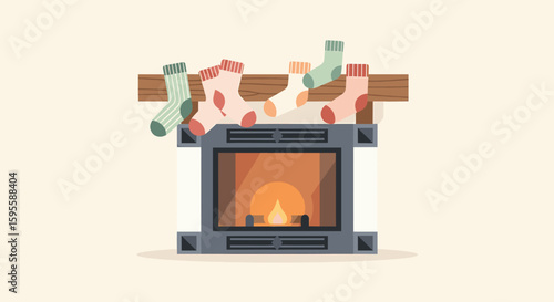 Illustration of a fireplace with stockings hanging on the mantelpiece