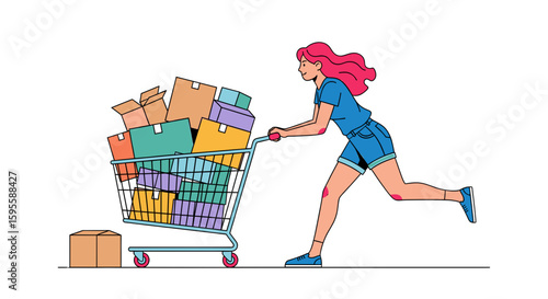 Woman with pink hair pushing a shopping cart full of colorful boxes fast