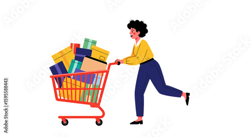 Woman pushing a red shopping cart filled with boxes and packages quickly