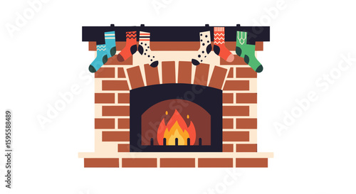 Illustration of a brick fireplace with stockings and a blazing fire