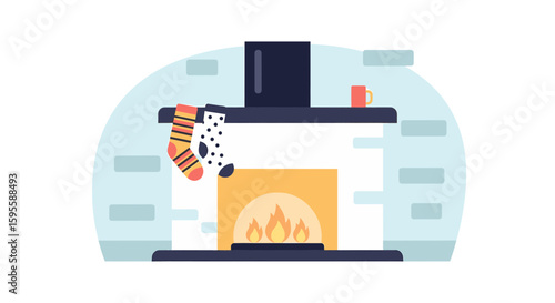 Fireplace with burning fire socks hanging and mug on the mantelpiece