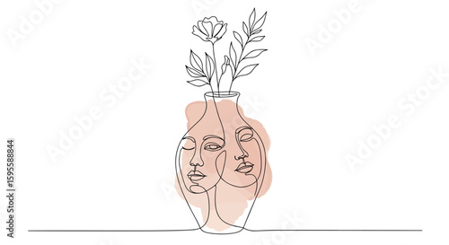 Gestalt psychology.  Two faces forming a vase – symbolizing figure-ground perception, abstract one line doodle watercolor vector illustration

