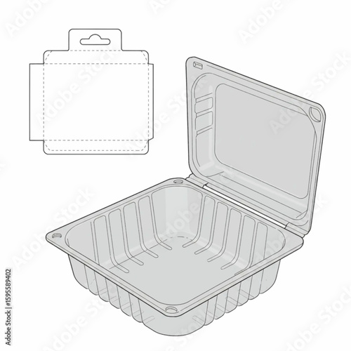Line art takeout clamshell food container with dieline – editable SVG template for food packaging design and branding mockups