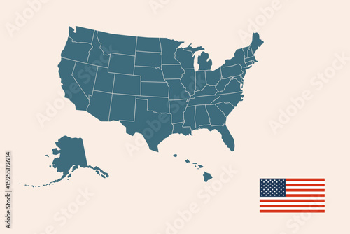 United States of America map with flag, simplified blue silhouette outlines geography of all fifty states