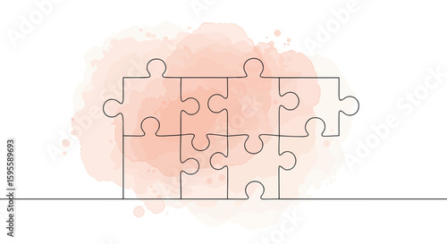 Gestalt psychology, puzzle with missing piece – symbolizing incompleteness and closure, abstract one line doodle watercolor vector illustration

