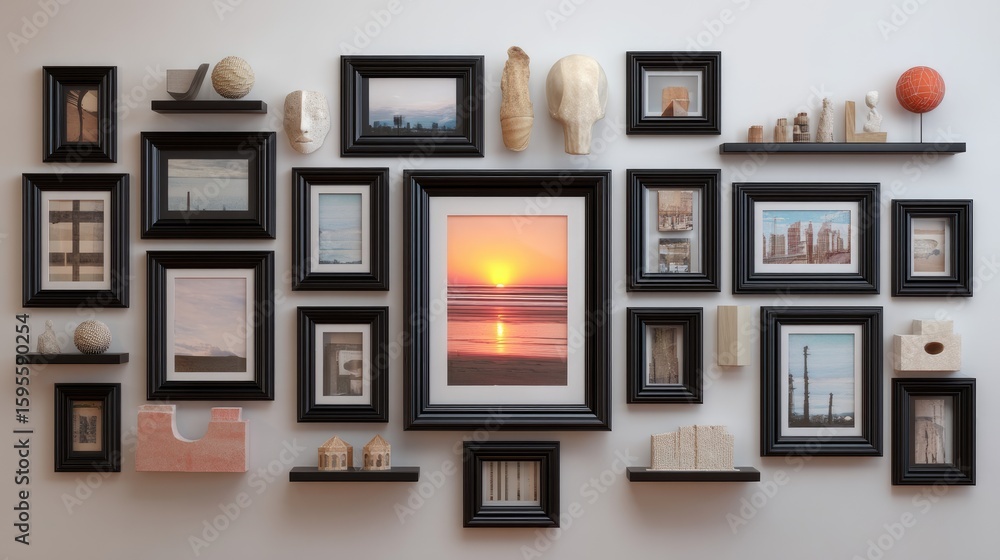 Fototapeta premium Black picture frames arranged on a wall with various artwork and decorative objects.