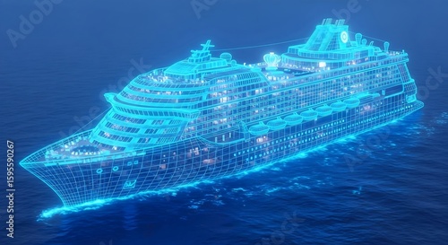 An aerial view captures a detailed blue wireframe model of a large cruise ship sailing on the vast ocean
