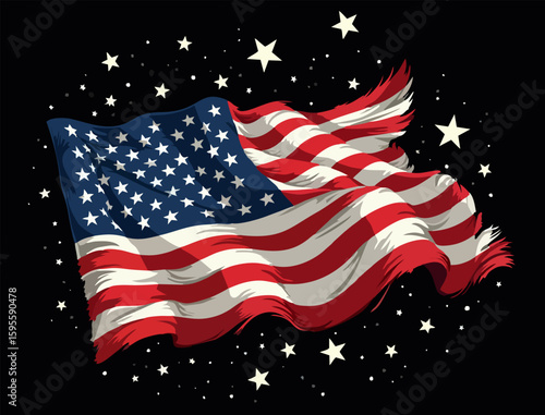 Vector design with decorative drawing of 
torn national flag of usa is fluttering in wind. 
Fashion t-shirt print. American pattern of stars 
and wavy stripes for textiles, fabric, clothing.