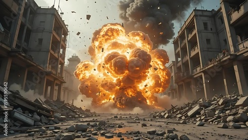 Catastrophic explosion in a war-torn urban landscape, buildings destroyed and street filled with rubble