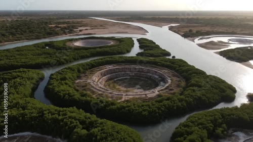 Wallpaper Mural Aerial view of circular structures nestled within lush green mangroves along a winding river at sunset Torontodigital.ca