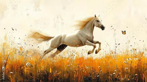 White horse running through golden field in digital painting style with butterfly and autumn tones