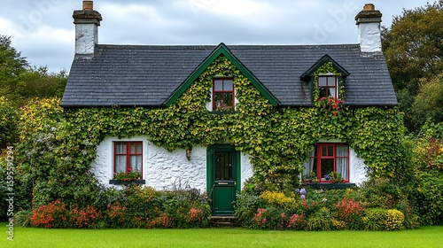 A charming, ivy-covered cottage with colorful gardens.