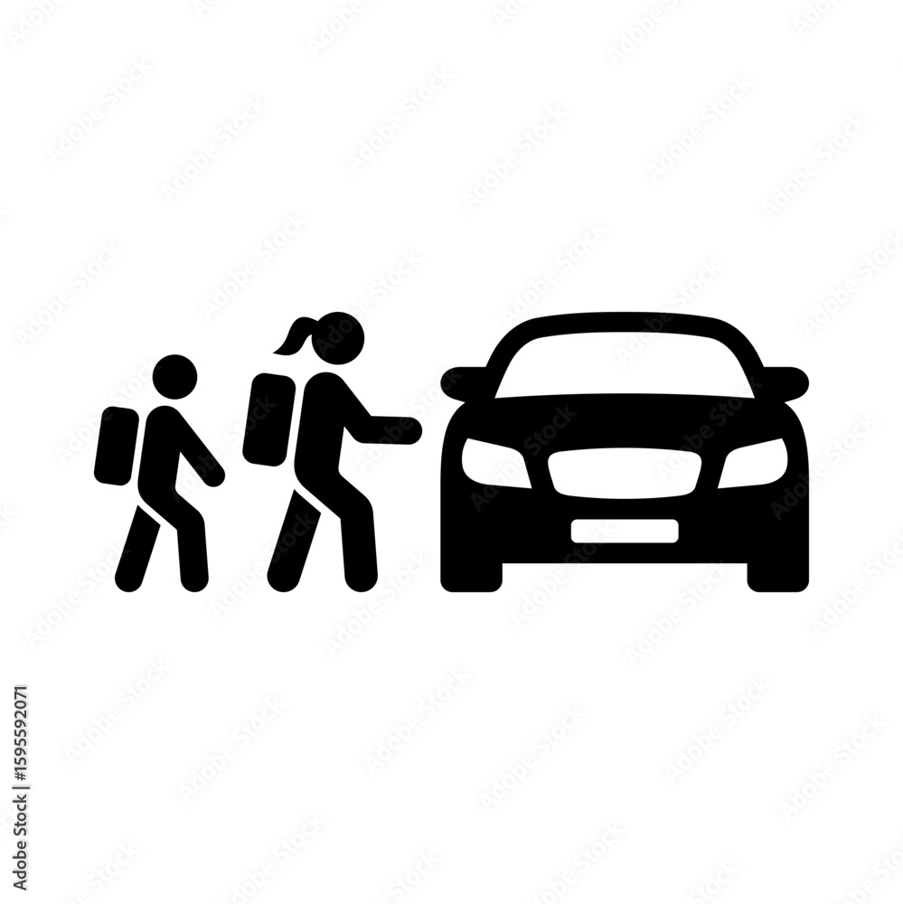 Naklejka premium School run icon. Taking children to and from school in the car. Vector icon isolated on white background.
