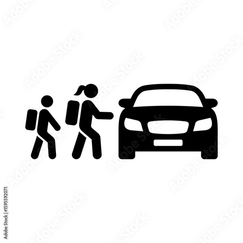 School run icon. Taking children to and from school in the car. Vector icon isolated on white background.