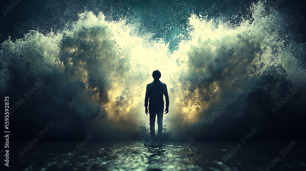 Obraz premium Solitary figure facing a powerful ocean wave.
