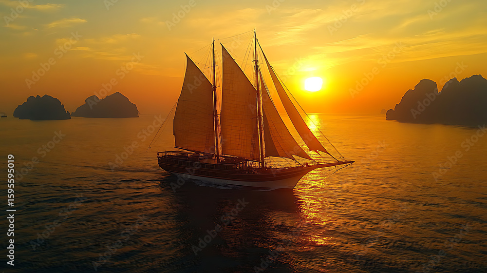 Fototapeta premium Majestic Schooner Sailing into the Golden Sunset
