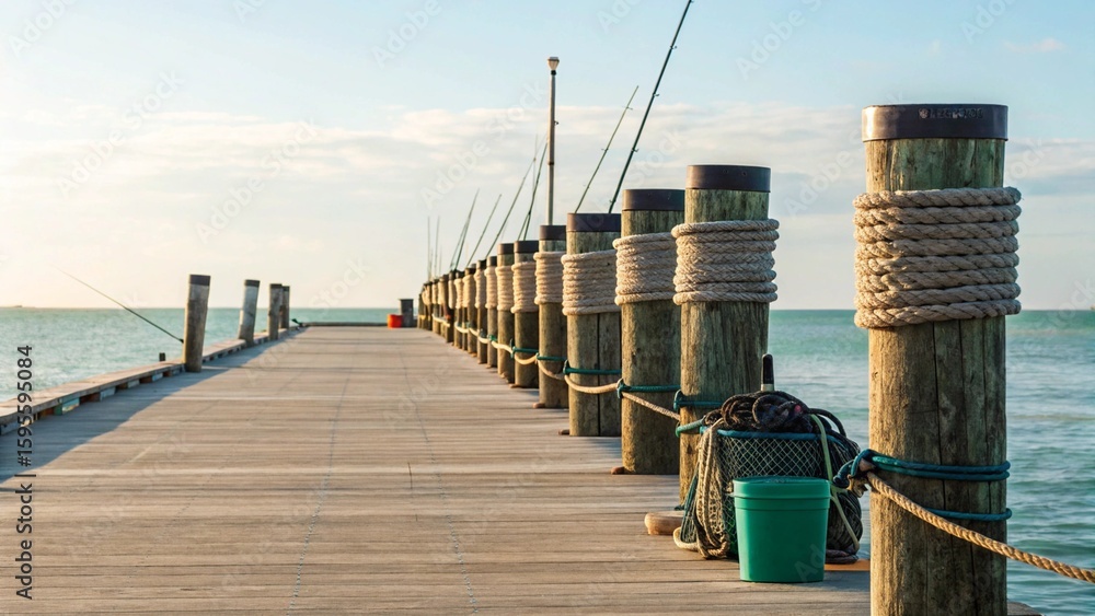 Fototapeta premium A long wooden fishing pier extends into the tranquil ocean under a clear sky, with numerous fishing rods silhouetted against the gentle morning light
