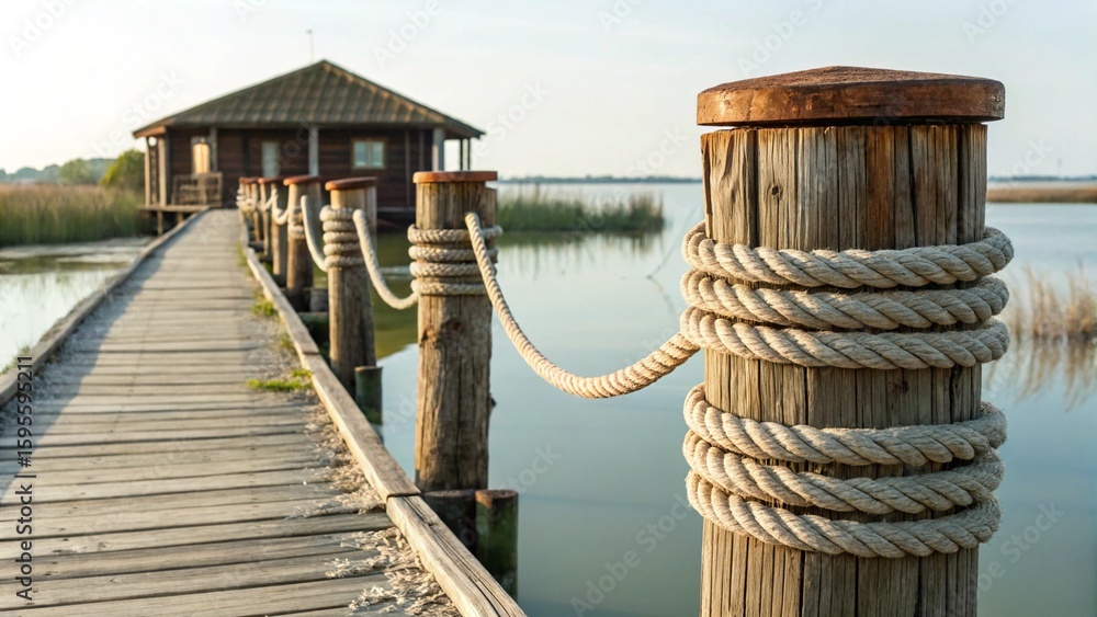 Obraz premium An inviting path over water, marked by a sturdy wooden pier with rope railings, guiding the way to a cozy wooden cabin or boathouse nestled amidst green reeds.