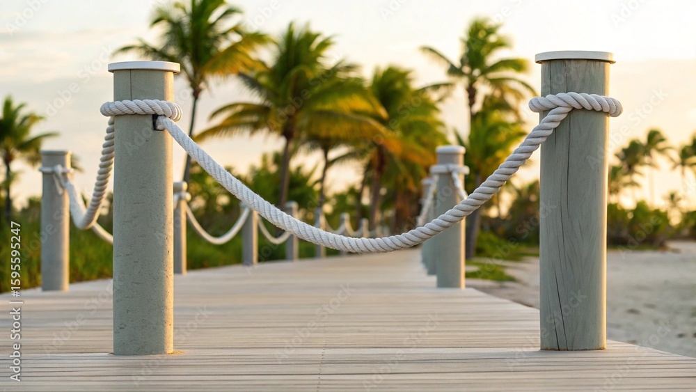 Obraz premium An inviting pathway to a pristine sandy beach, marked by charming wooden bollards connected with elegant white ropes, framed by vibrant green palm fronds.