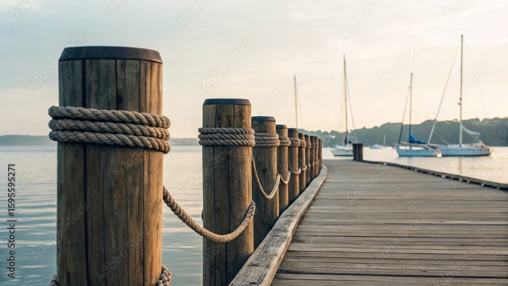 Naklejka premium Scenic view of a tranquil marina or bay, featuring a weathered wooden jetty with a series of posts and ropes, and numerous sailboats gently bobbing in the distance.