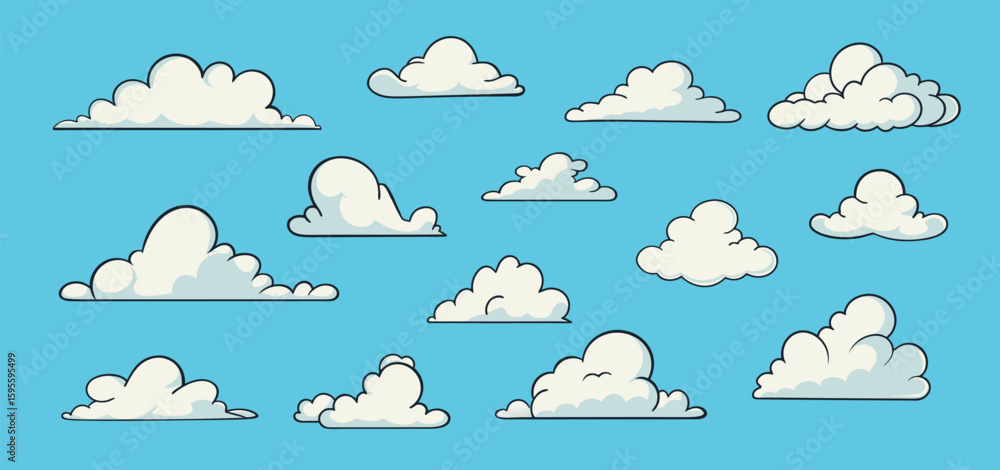 Obraz premium Cute Cartoon Cloud Collection on Blue Sky Background in Playful Hand-Drawn Style.