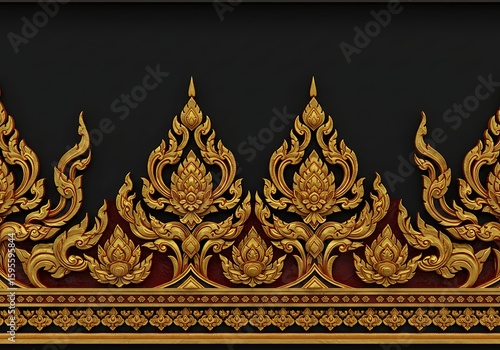 Intricate gold thai temple ornamentation on dark background